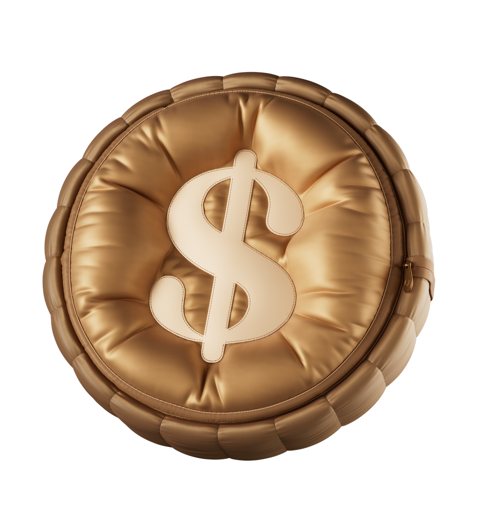 A gold coin that is made of puffer jacket material. As the number you input into the calculator changes, the coin changes position.