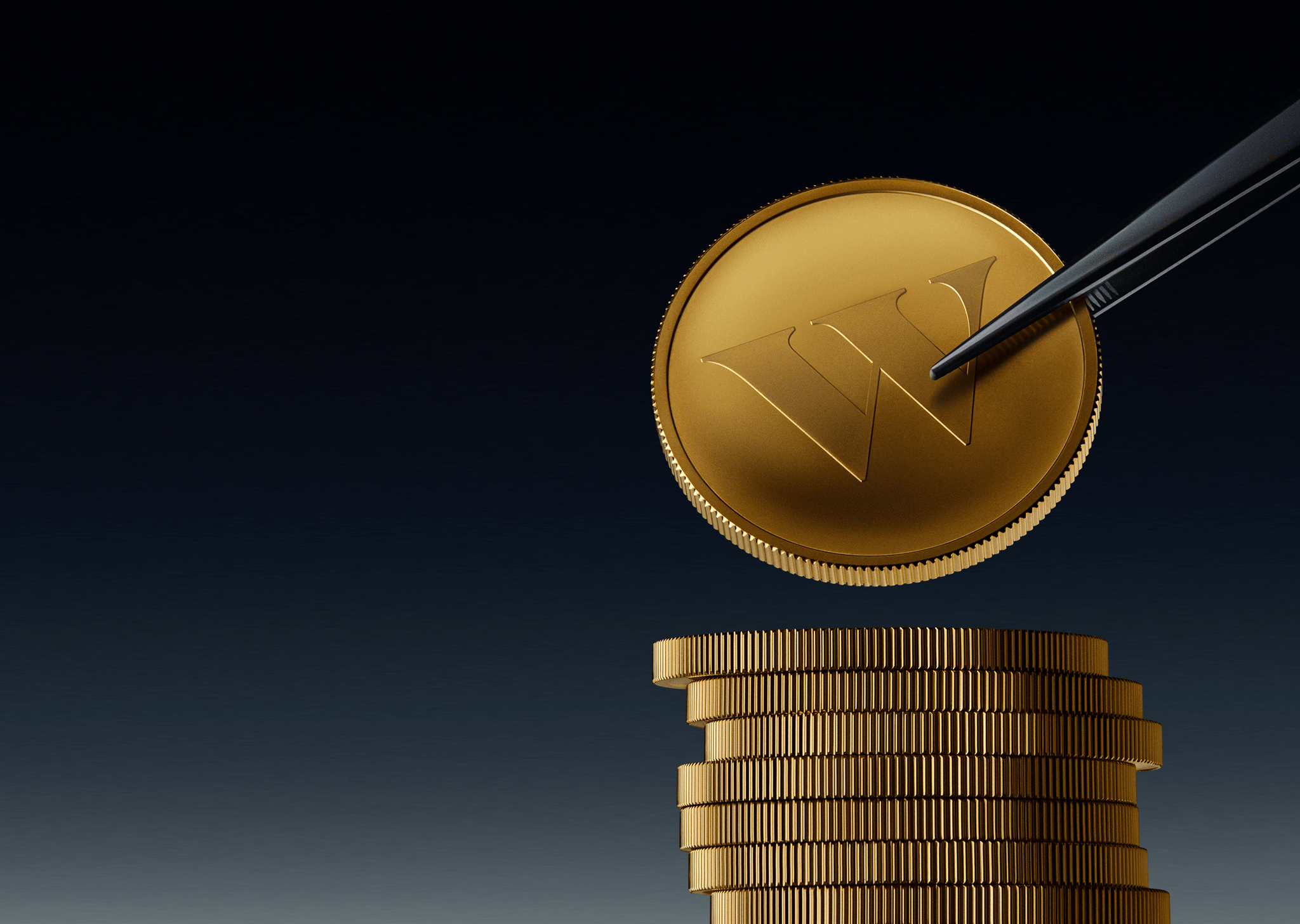 A Wealthsimple gold coin in a tweezer being placed onto a pile of other gold coins
