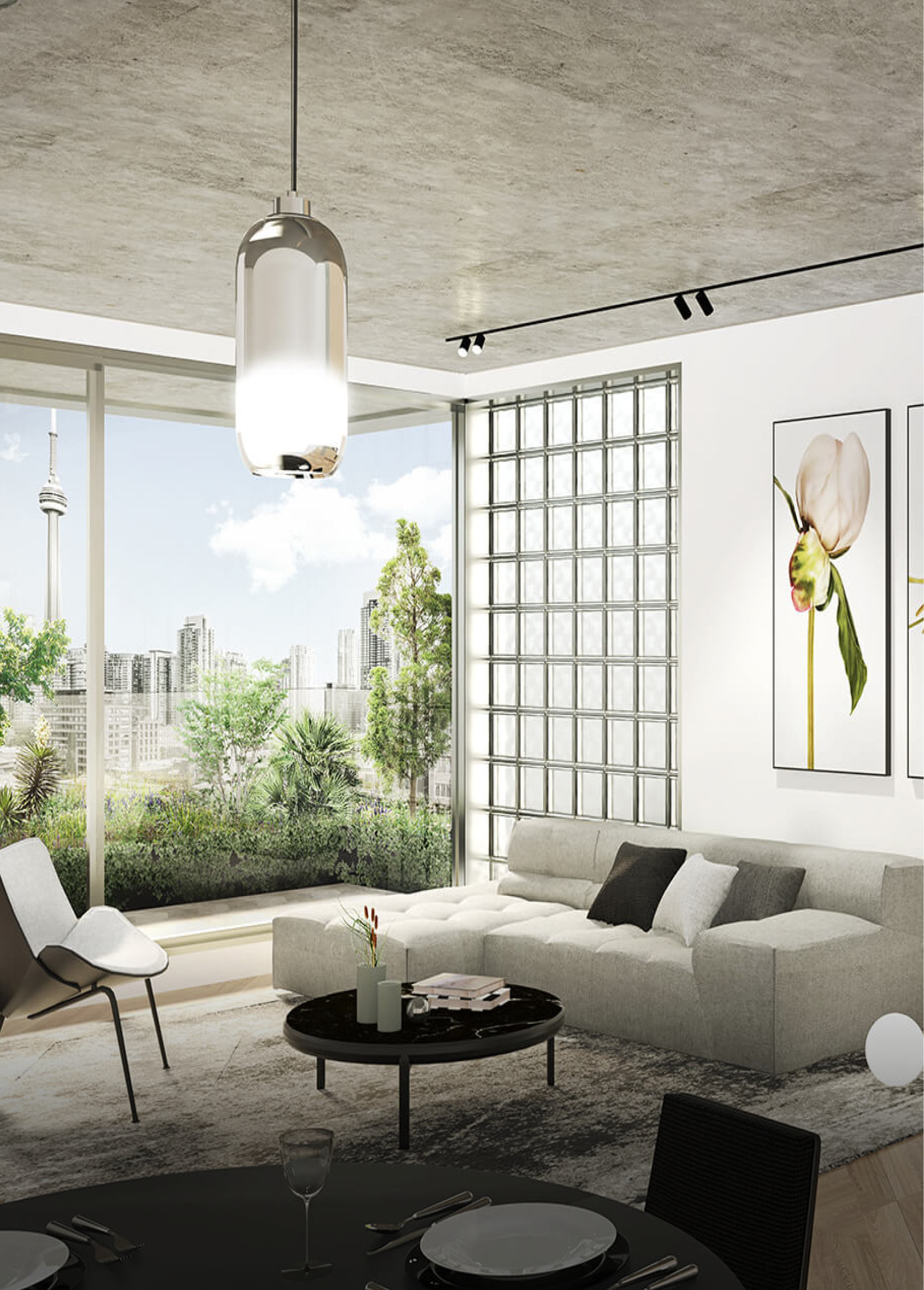 A rendering of the living room in King Condo.