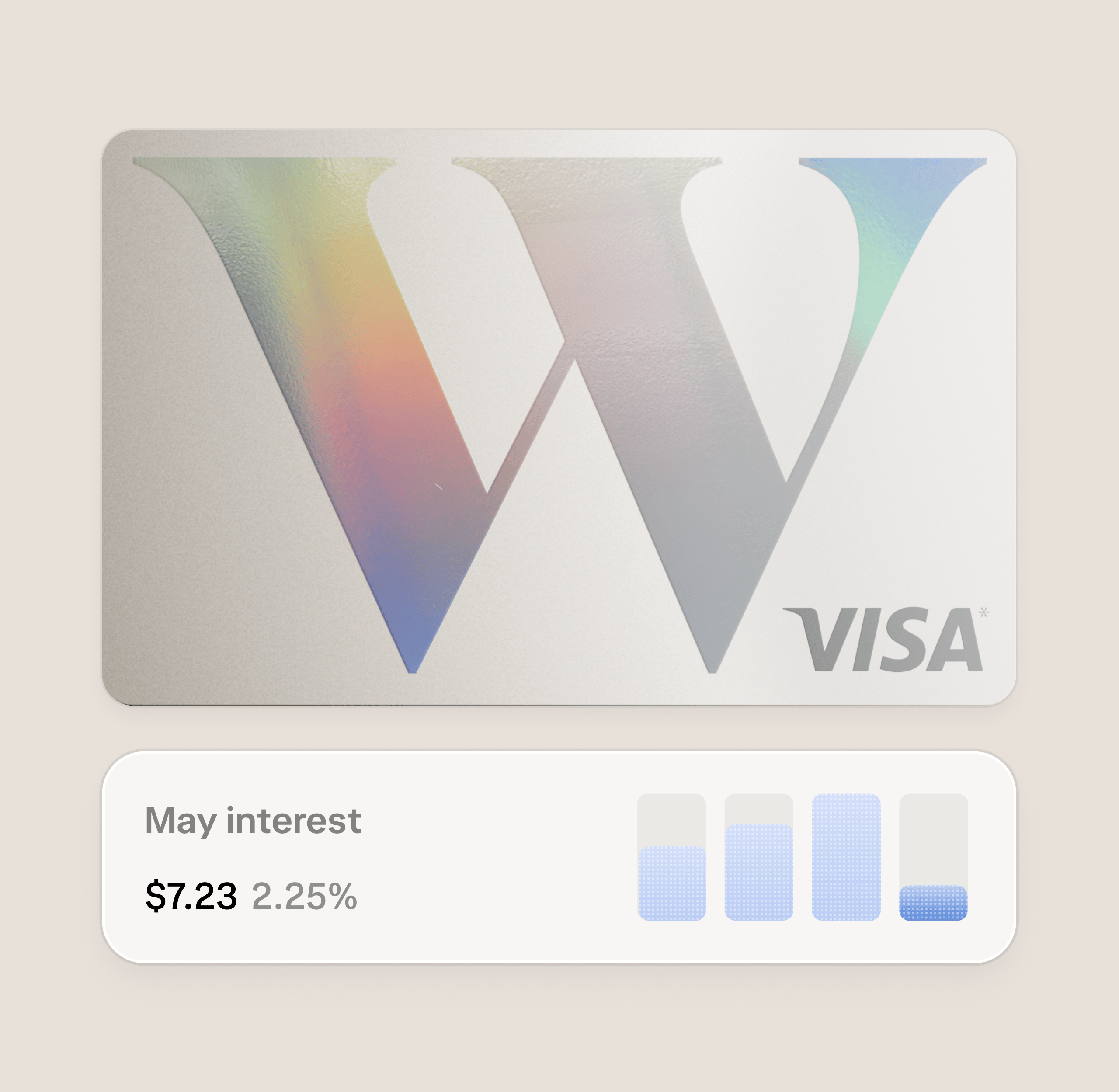 A view of a kids and teen account. A card is displayed along with interest for May, with buttons for Add money, Allowance, and Lock card.