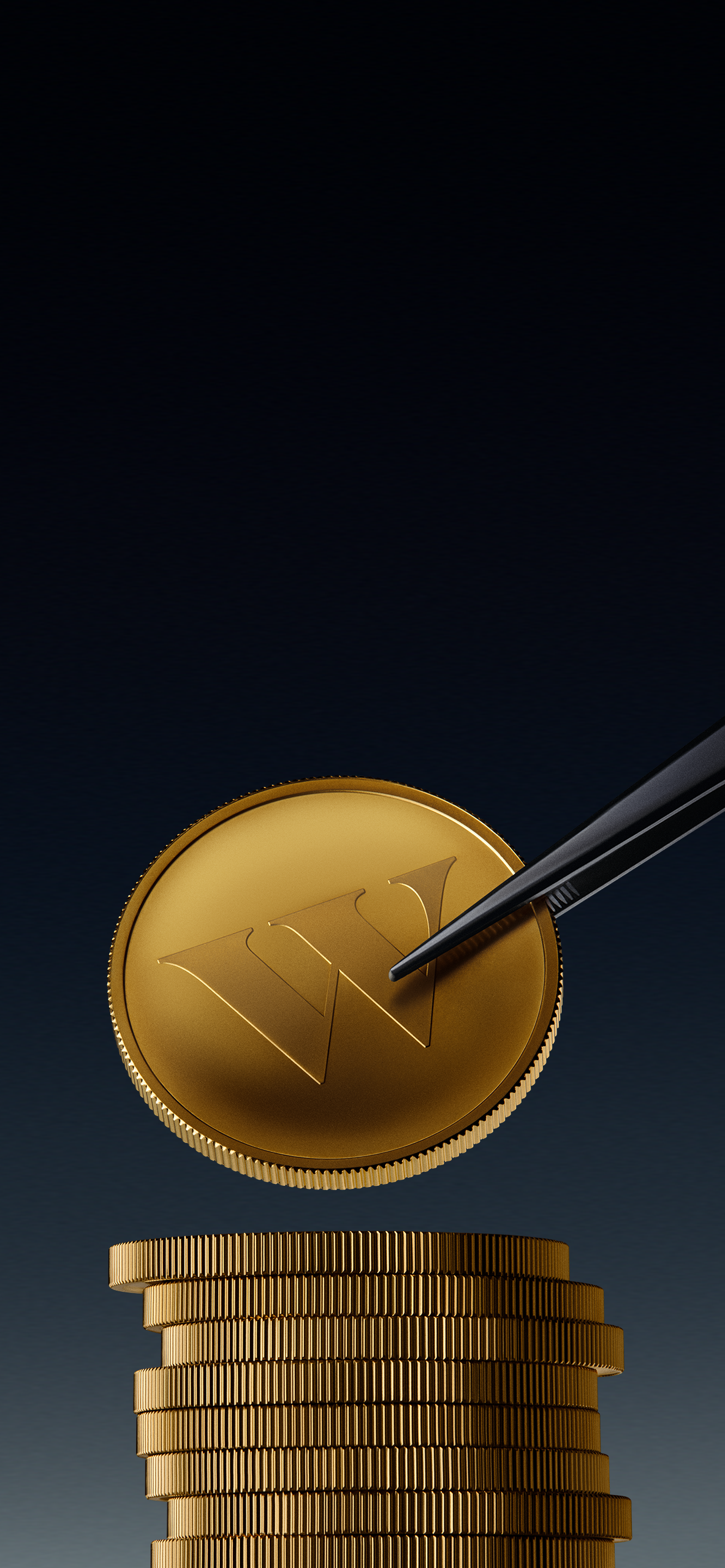 A Wealthsimple gold coin in a tweezer being placed onto a pile of other gold coins
