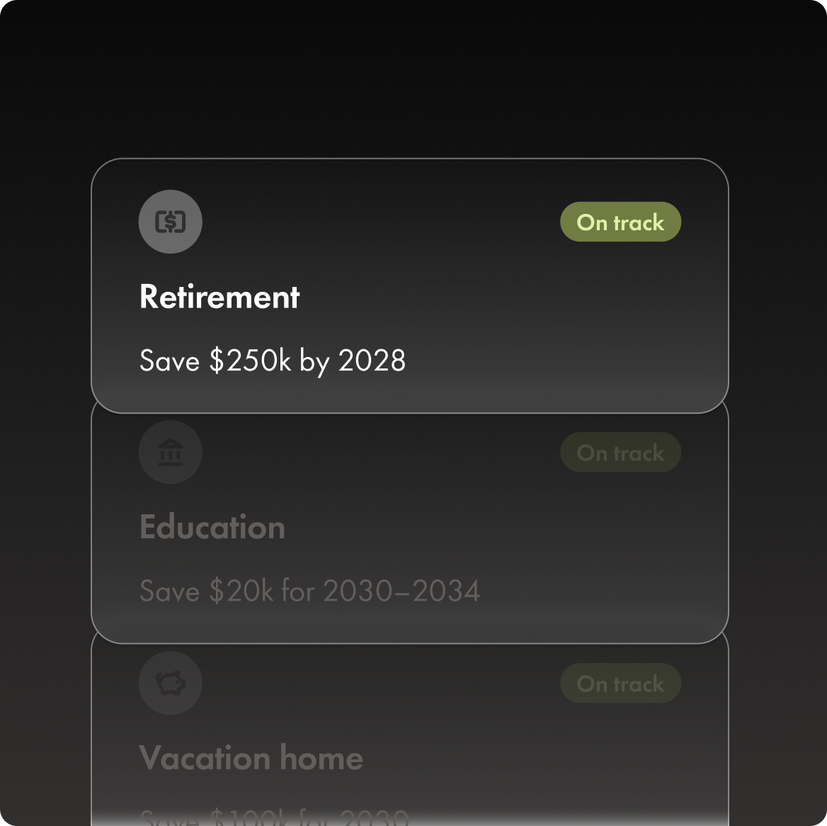 Wealthsimple app showing three goals that are on track: Retirement, Education and Vacation Home