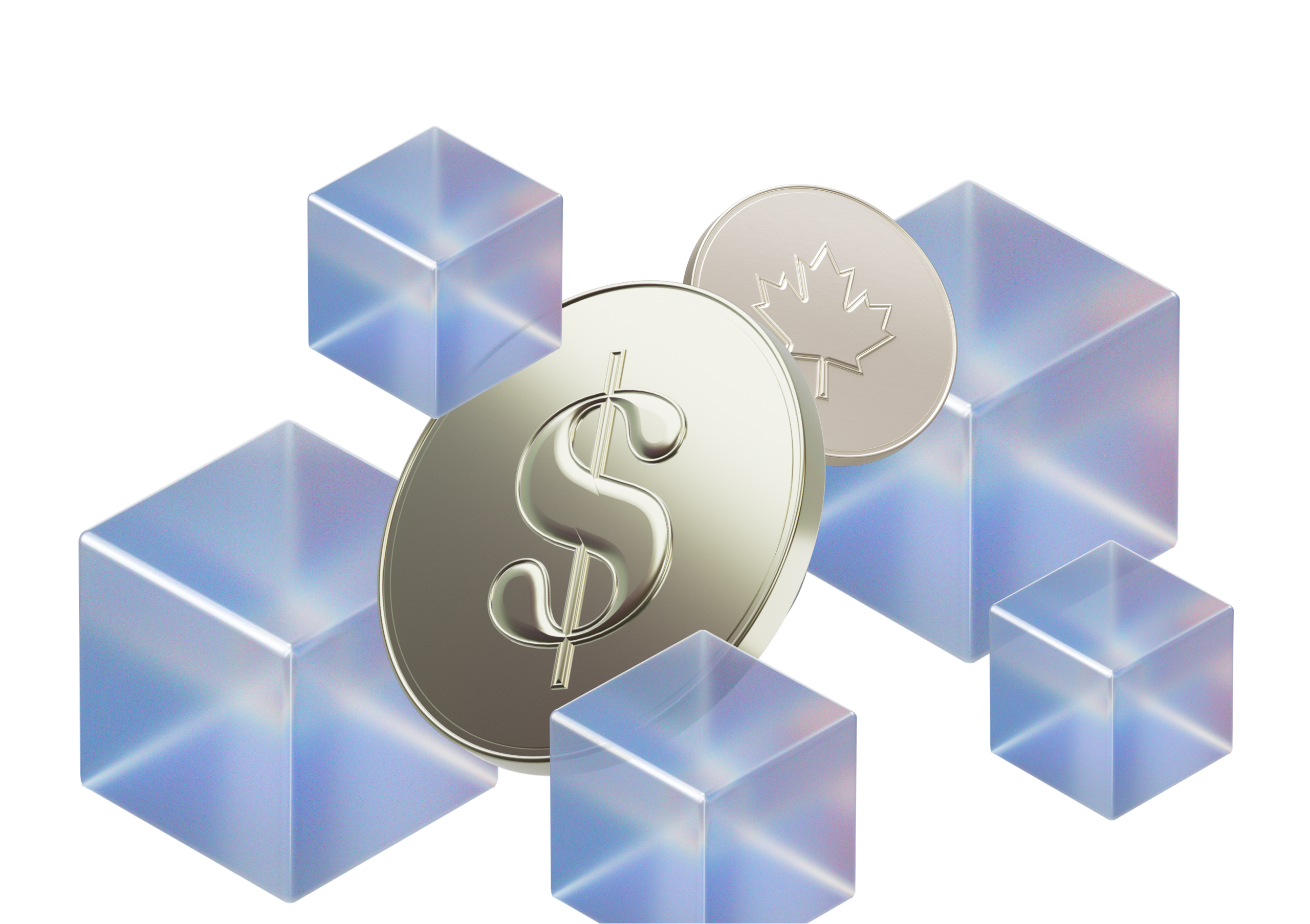 two silver coins, one showing a dollar sign, another a maple leaf, surrounded by transparent cubes.