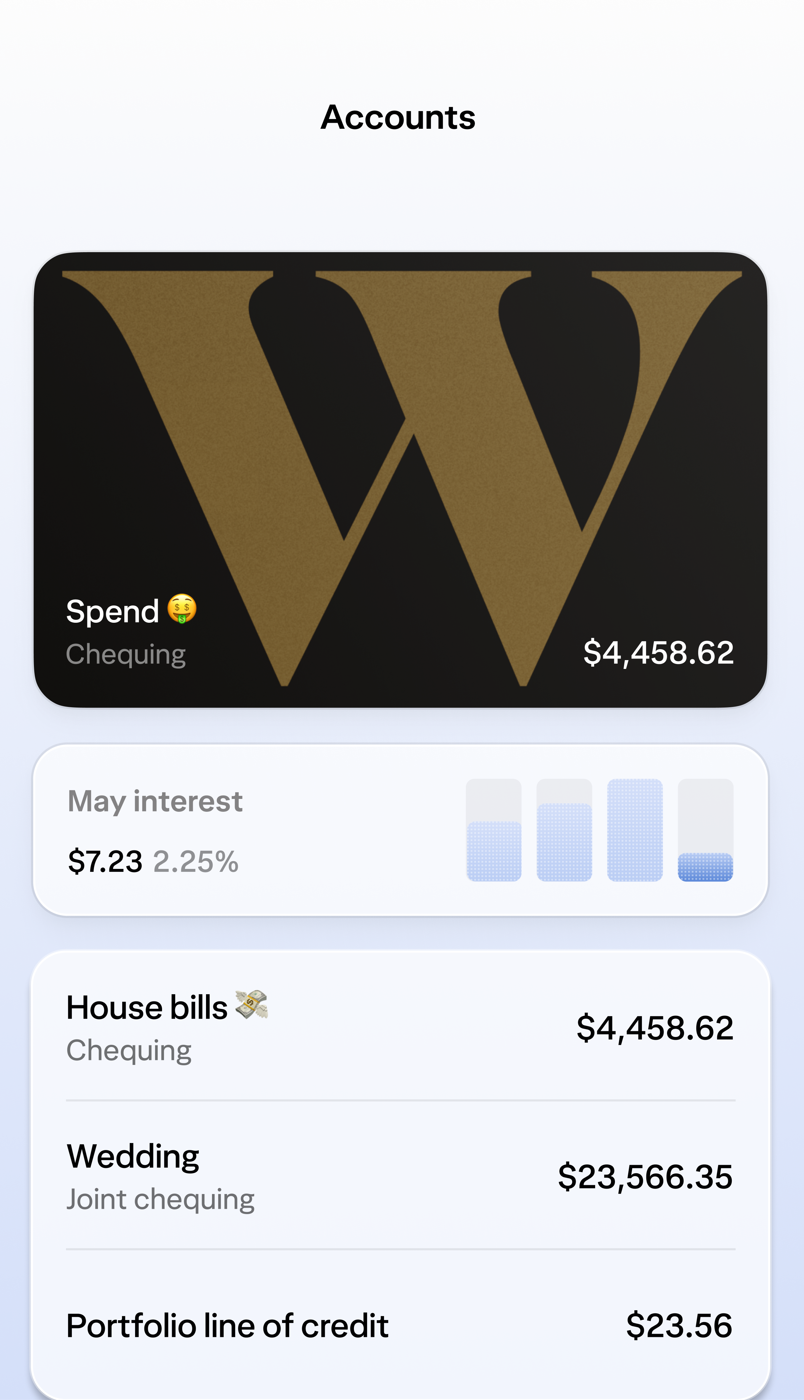 A screen displaying a Wealthsimple chequing card, interest, and accounts for House bills, Wedding savings, and a Portfolio line of credit.