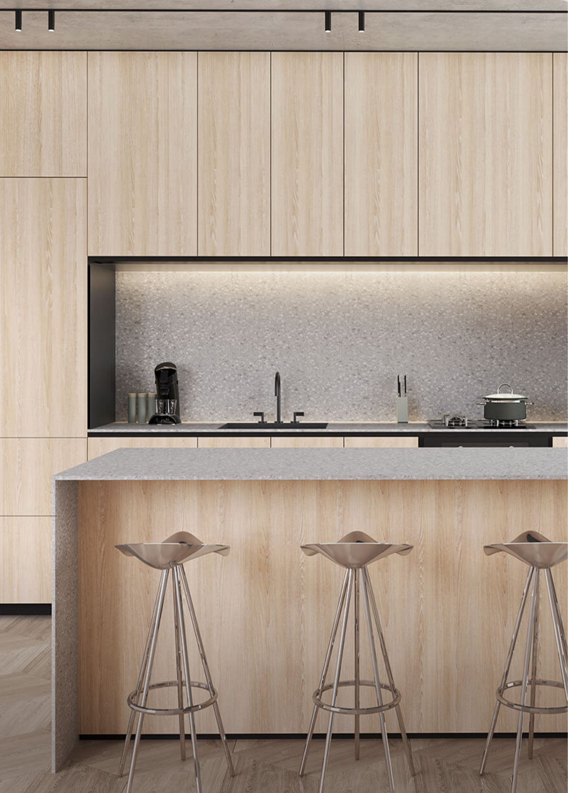 A rendering of a kitchen island in King Condo.