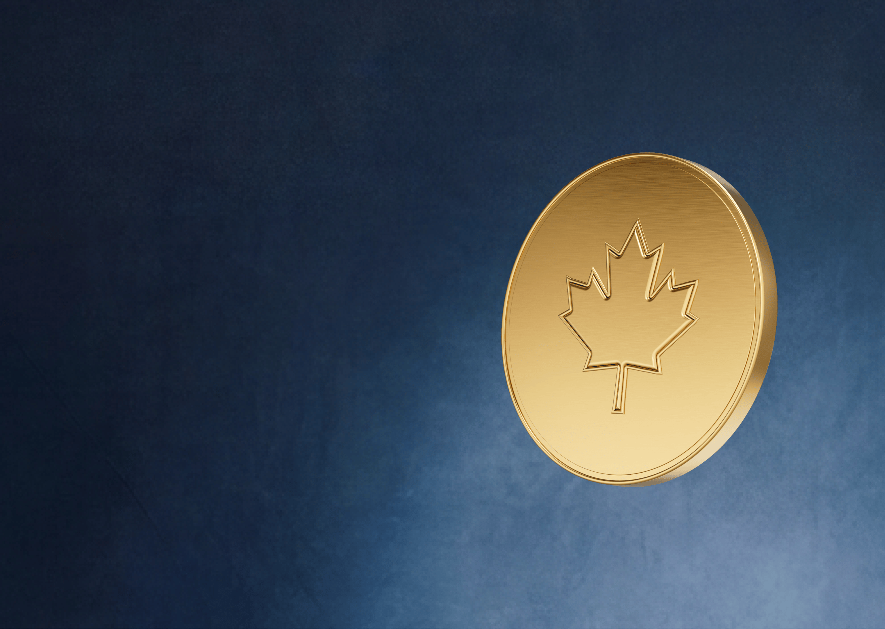 Une représentation d'une pièce d'or ornée d'une feuille d'érable sur fond bleu.