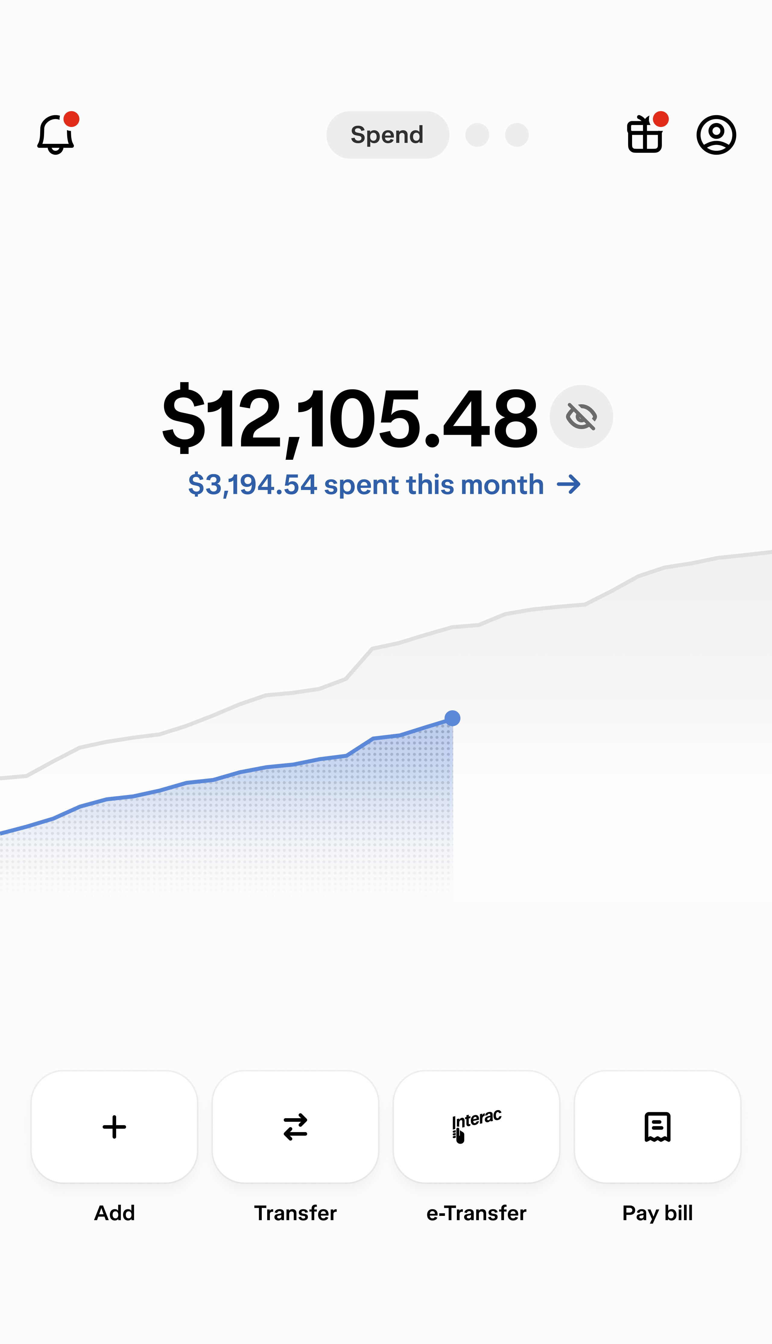 A screen displaying Wealthsimple's chequing account, including a total balance, money spent this month, and buttons to Add, Transfer, e-Transfer, or Pay Bills.