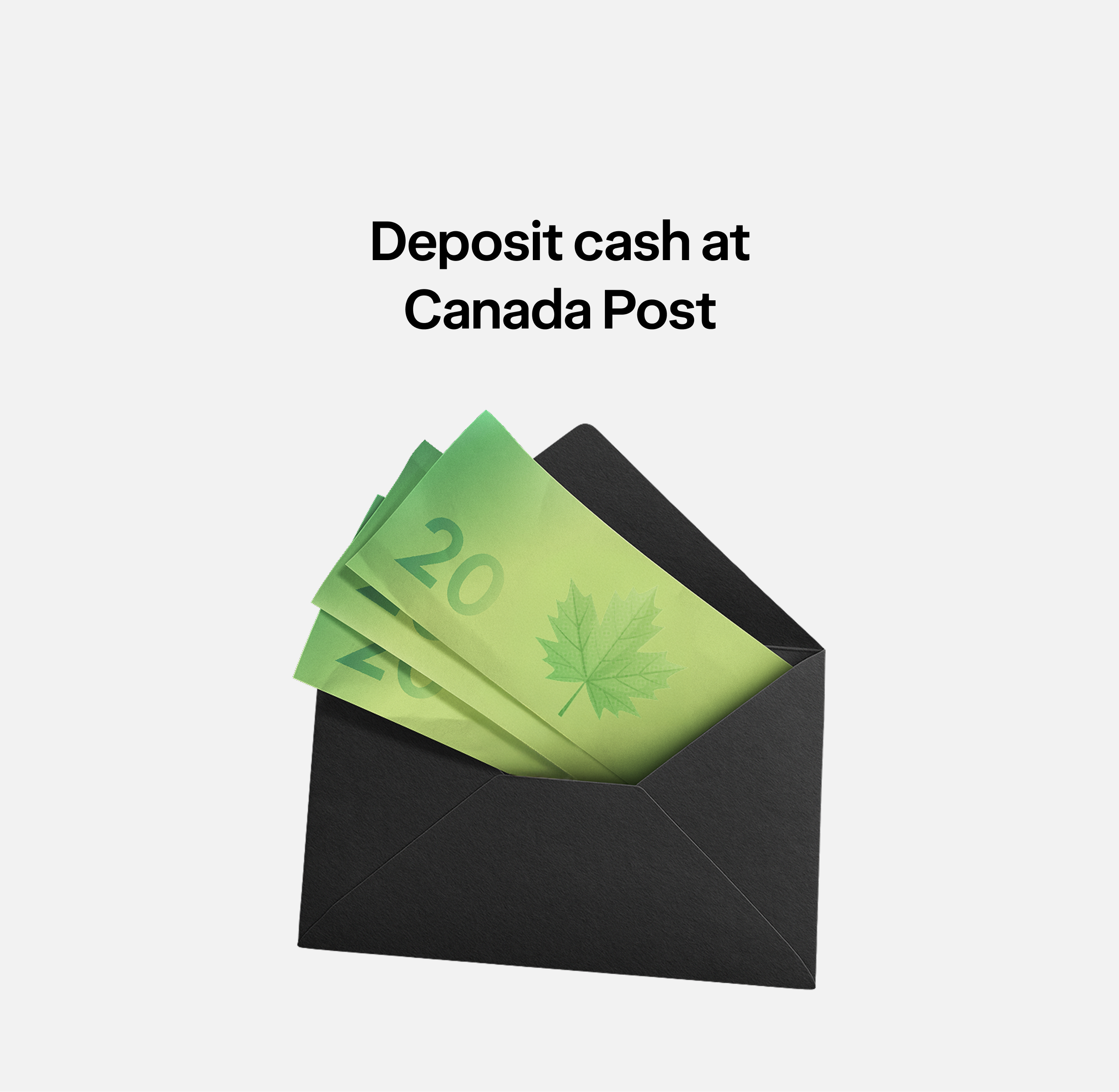 A screen displaying a wallet with money, with the title "Deposit cash at Canada Post."