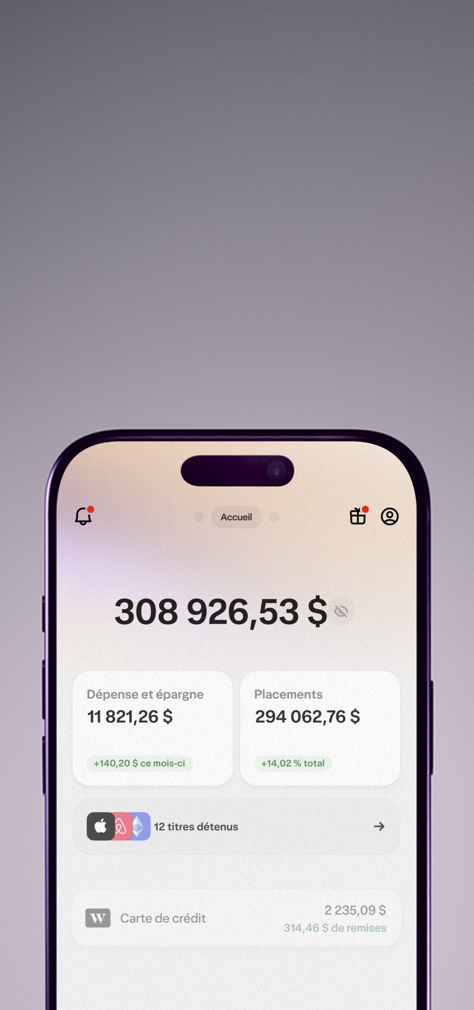 Un téléphone affiche l'expérience utilisateur de l'appli Wealthsimple et le montant d'épargne, de dépenses et de placements d'une personne.