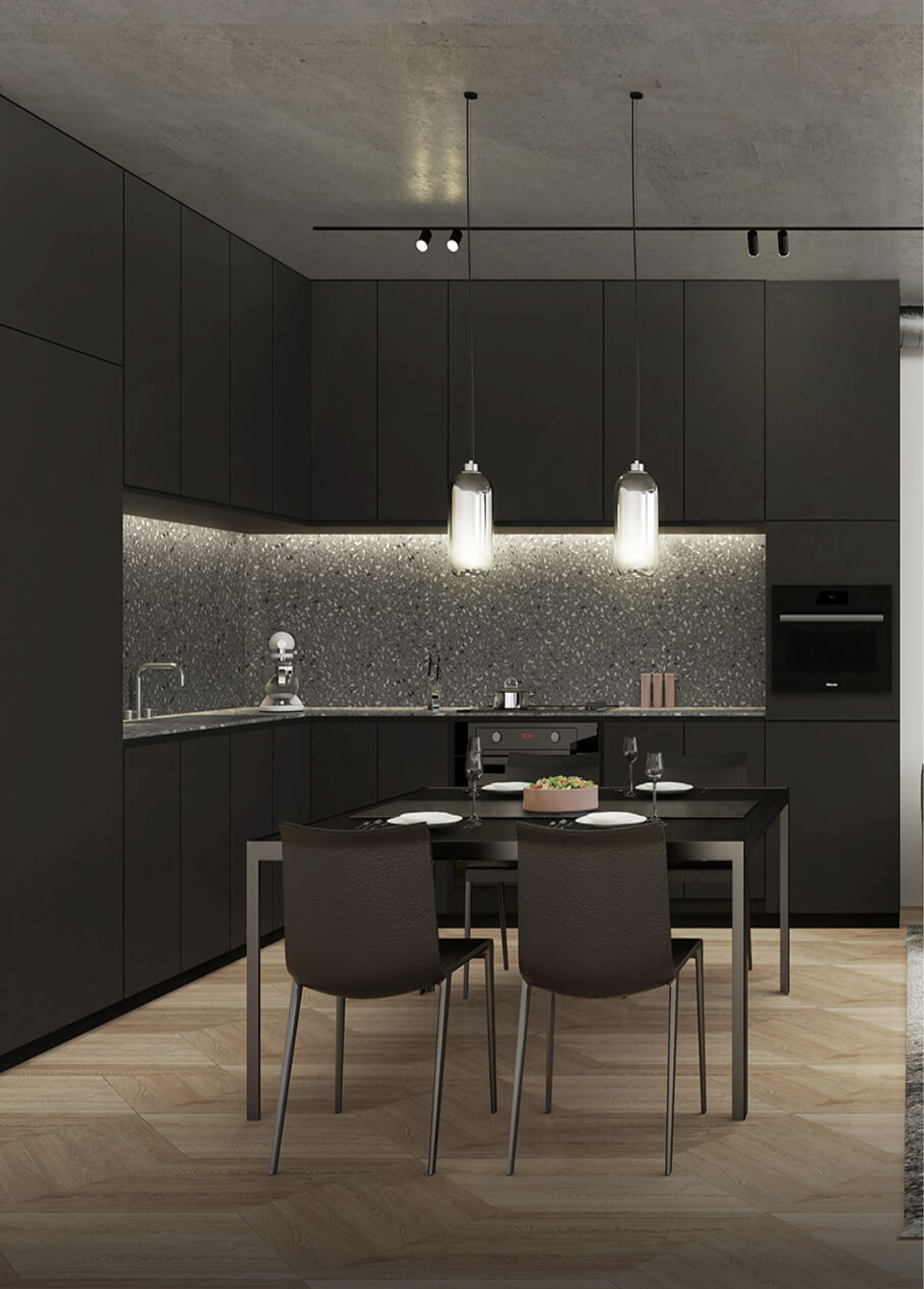 A rendering of the kitchen in King Condo.