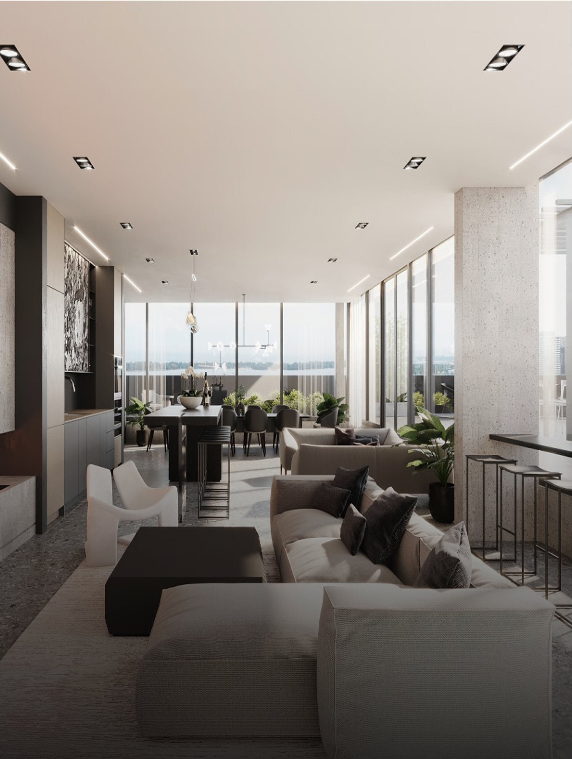 A rendering of a common space in The Georgian, with a kitchen, sectional couch, and seating areas.
